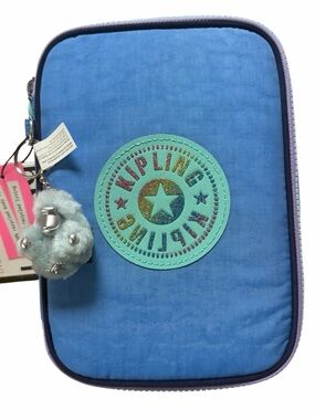 Kipling 100 Pens Pencil Case Bouncy blue , Glitter Logo, WAVEPOP, Kids, boys NWT